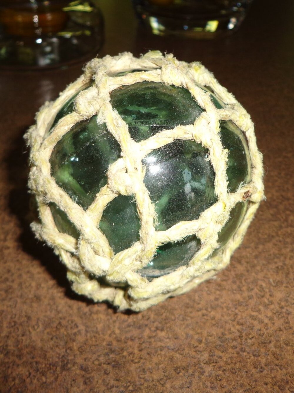 Authentic Vintage Handblown Glass Fishing Ball Netted Bluish Green Coastal Sea